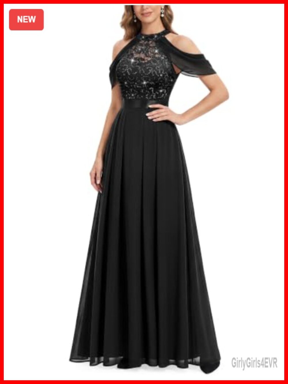 Lace Sequin Contrast Chiffon Bridesmaid Maxi Dress Sleeveless Cowl Neck Halter